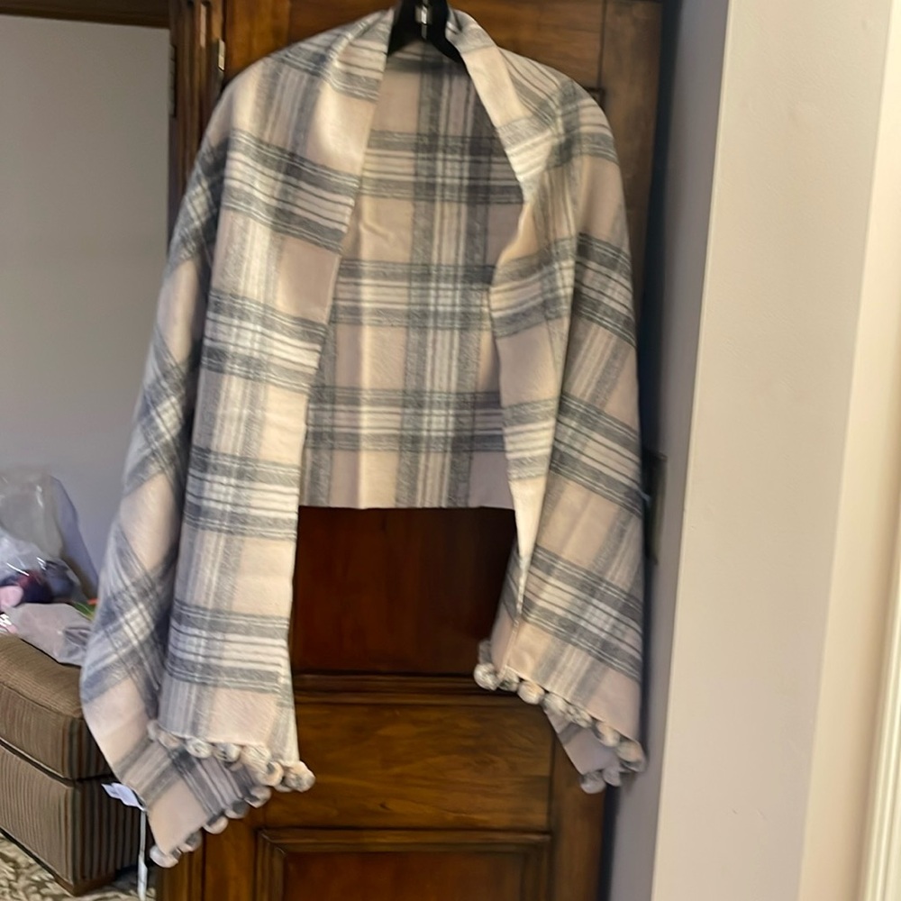 J. Crew Pink Grey Wool Plaid Pom Pom Wrap/ Scarf NWT